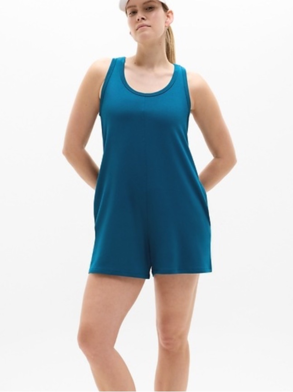 Athleta Hit Pause Romper Buttery Soft Coastal Teal Pockets Racerback Size Medium